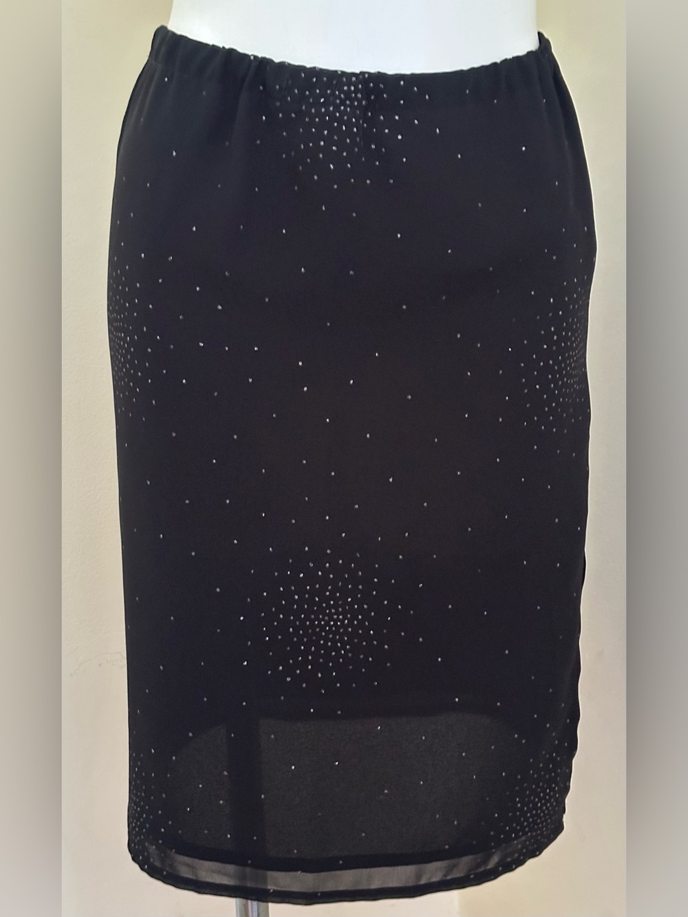 ESpirit Black Silver Sheer Elastic Waist Decretive  Glitter 2 Side Slits Sz 3/4.